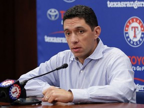Texas Rangers general manager Jon Daniels responds to a question during a news conference about the trade of pitcher Yu Darvish before a baseball game against the Seattle Mariners on Monday, July 31, 2017, in Arlington, Texas. (AP Photo/Tony Gutierrez)