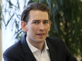 FILE - In this photo March 31, 2016 file photo Austrian Foreign Minister Sebastian Kurz speaks during an interview with The Associated Press in Vienna. The University of Vienna is examining a study on Austrian kindergartens run by Muslims for possible changes in the text allegedly made by officials of Sebastian Kurz's foreign and integration ministry to make it more negative.(AP Photo/Ronald Zak, file)