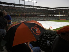 The tarp covers the field and a fan keeps dry under an umbrella as a baseball game between the Baltimore Orioles and the Houston Astros is delayed due to inclement weather, Saturday, July 22, 2017, in Baltimore. (AP Photo/Nick Wass)