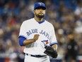 Blue Jays starting pitcher Cesar Valdez reacts after a strikeout during sixth inning action against the Oakland Athletics at Rogers Centre in Toronto on Tuesday night.