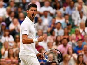 Novak Djokovic celebrates during his win over Adrian Mannarino at Wimbledon on July 11.