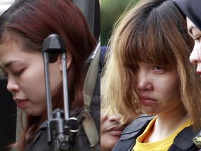 FILE - In this combination of March 1, 2017, file photos, Indonesian suspect Siti Aisyah, left, and Vietnamese suspect Doan Thi Huong, both suspects in the killing of Kim Jong Nam, North Korean leader Kim Jong Un's estranged half brother, are escorted out of court by police officers in Sepang, Malaysia. Two women accused of poisoning Kim in a bizarre airport assassination are expected to plead innocent when they appear in a Malaysian court on Friday, July 28, 2017. (AP Photo/Daniel Chan, File)