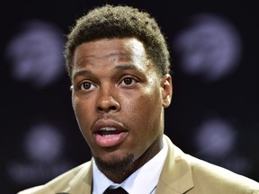 Raptors point guard Kyle Lowry speaks during a news conference in Toronto on Friday, July 7, 2017.