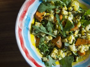 Bonnie Stern's grilled corn and sweet potato salad with arugula.