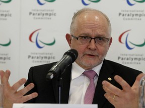 FILE - A Monday, May 22, 2017 file photo of International Paralympic Committee (IPC) President Philip Craven during a press conference, in London. The host city for the 2024 Paralympics will be selected without the Paralympic leadership having a say in whether Los Angeles or Paris is chosen. It is the consequence of the International Paralympic Committee electing a new president in early September and the winner not immediately automatically replacing outgoing leader Philip Craven as an International Olympic Committee member. (AP Photo/Frank Augstein, File)