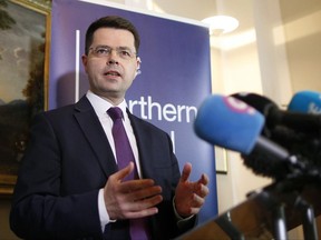 FILE - In this file photo dated Monday, Jan. 16, 2017, Britain's senior official for Northern Ireland, Northern Ireland Secretary James Brokenshire speaks to the media at Stormont, Belfast in Northern Ireland.  Brokenshire said Monday July 3, 2017, that he remains hopeful for a deal to break the impasse that has left Northern Ireland without a functioning government for six months. (AP Photo/Peter Morrison, FILE)