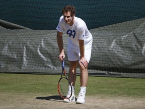 Britain's Andy Murray rests between shots during a practice session ahead of the Wimbledon Tennis Championships in London, Sunday, July 2, 2017. (AP Photo/Alastair Grant)