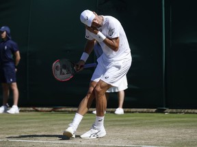 Steve Johnson of the United States gestures to get rid of flying ants during the Men's Singles Match against Moldova's Radu Albot on day three at the Wimbledon Tennis Championships in London Wednesday, July 5, 2017. (AP Photo/Alastair Grant)
