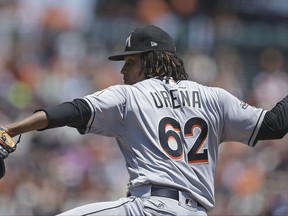 Miami Marlins pitcher José Ureña works against the San Francisco Giants in the first inning of a baseball game, Sunday, July 9, 2017, in San Francisco. (AP Photo/Ben Margot)