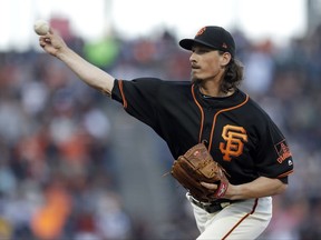 San Francisco Giants pitcher Jeff Samardzija works against the Miami Marlins during the first inning of a baseball game Saturday, July 8, 2017, in San Francisco. (AP Photo/Ben Margot)