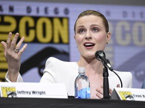 Evan Rachel Wood speaks at the "Westworld" panel on day three of Comic-Con International on Saturday, July 22, 2017, in San Diego. (Photo by Richard Shotwell/Invision/AP)