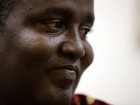 Ali Said, of Somalia, waits at a center for refugees Thursday, July 6, 2017, in San Diego. Said, whose leg was blown off by a grenade, says he feels unbelievably lucky to be among the last refugees allowed into the United States before stricter rules kick in as part of the Trump administration's travel ban. (AP Photo/Gregory Bull)