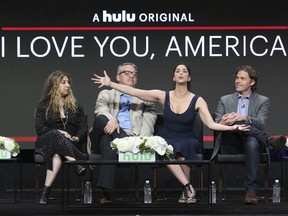 Executive producers Amy Zvi, from left, and Adam McKay, star/executive producer Sarah Silverman and executive producer/showrunner Gavin Purcell participate in the "I Love You, America" panel during the Hulu Television Critics Association Summer Press Tour at the Beverly Hilton on Thursday, July 27, 2017, in Beverly Hills, Calif. (Photo by Willy Sanjuan/Invision/AP)