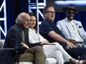 Actor/creator/executive producer Larry David, from left, Susie Essman, actor/executive producer Jeff Garlin and J.B. Smoove participate in the "Curb Your Enthusiasm" panel during the HBO Television Critics Association Summer Press Tour at the Beverly Hilton on Wednesday, July 26, 2017, in Beverly Hills, Calif. (Photo by Chris Pizzello/Invision/AP)
