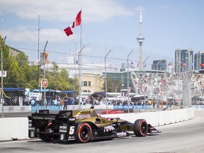 Canadian driver James Hinchcliffe takes a turn during the qualifying session for the Honda Indy Toronto on July 15.