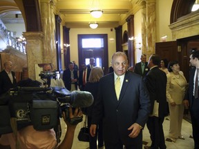 New Jersey Senate President Steve Sweeney, D-West Deptford, N.J., walks in the Statehouse after announcing that even if there was an agreement in the legislature, the budget impasse would not end today, Monday, July 3, 2017, in Trenton, N.J. New Jersey's budget stalemate between Republican Gov. Chris Christie and the Democrat-controlled Legislature is smoldering with the state government shut down and state parks closed to the public as the Fourth of July approaches. (AP Photo/Mel Evans)