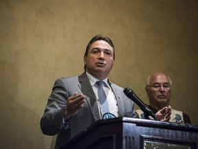 The Assembly of First Nations (AFN) National Chief Perry Bellegarde speaks about Indigenous Peoples participation in federal-provincial-territorial intergovernmental meetings during a press conference held in Toronto on Monday, July 17, 2017. THE CANADIAN PRESS/Christopher Katsarov.