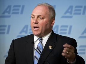 FILE - In this June 22, 2016, file photo, House Majority Whip Steve Scalise, of Louisiana, speaks at the American Enterprise Institute (AEI) in Washington, on new proposals to repeal and replace President Barack Obama's health care law. The Washington hospital where Scalise is recuperating from a gunshot wound says he has been readmitted to the intensive care unit. (AP Photo/Alex Brandon, File)