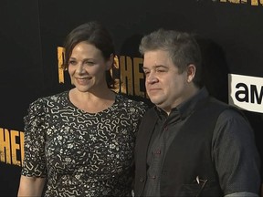 Meredith Salenger, left, and Patton Oswalt arrive at the premiere of AMC's "The Preacher," in Los Angeles. Oswalt is defending his engagement to Salenger from online critics who say the comedian is getting married too soon after his wife's death last year.