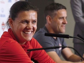 Canadian soccer captain Christine Sinclair speaks to media in Winnipeg, in this Tuesday, June 6, 2017 file photo. Sinclair is joining forces with A&W to raise money for the MS Society of Canada. THE CANADIAN PRESS/John Woods