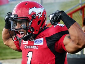 Stampeders receiver Lemar Durant celebrates after his touchdown against the Saskatchewan Roughriders during CFL game Saturday in Calgary.