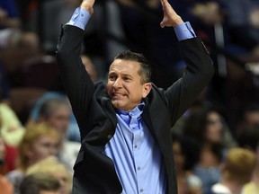 Connecticut Sun head coach Curt Miller gets fired up after a Rachel Banham's  three-pointer during the second half of a WNBA basketball game against the San Antonio Stars, Sunday, July 16, 2017 at Mohegan Sun Arena in Uncasville, Conn. The Sun erased a five-point halftime deficit to roll to the 89-75 victory. (Sean D. Elliot/The Day via AP)