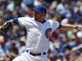 Chicago Cubs starting pitcher Mike Montgomery throws against the Milwaukee Brewers during the first inning of a baseball game Thursday, July 6, 2017, in Chicago. (AP Photo/Nam Y. Huh)