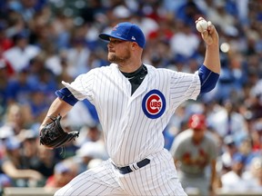 Chicago Cubs starting pitcher Jon Lester delivers against the St. Louis Cardinals during the first inning of a baseball game, Saturday, July 22, 2017, in Chicago. (AP Photo/Kamil Krzaczynski)