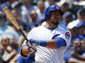 Chicago Cubs' Kyle Schwarber watches after hitting a foul ball during the second inning of a baseball game against the Milwaukee Brewers,Thursday, July 6, 2017, in Chicago. (AP Photo/Nam Y. Huh)