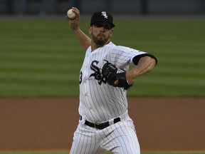 Chicago White Sox starting pitcher James Shields (33) throws the ball against the Toronto Blue Jays during the first inning of a baseball game, Monday, July 31, 2017, in Chicago. (AP Photo/David Banks)