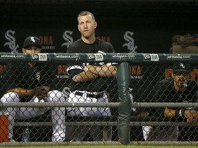 Chicago White Sox third baseman Todd Frazier watches his team during the ninth inning a baseball game against the Los Angeles Dodgers on Tuesday, July 18, 2017, in Chicago. The Dodgers won 1-0. (AP Photo/Charles Rex Arbogast)