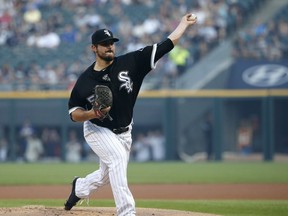 Chicago White Sox starting pitcher Carlos Rodon delivers during the first inning of the team's baseball game against the Los Angeles Dodgers on Wednesday, July 19, 2017, in Chicago. (AP Photo/Charles Rex Arbogast)