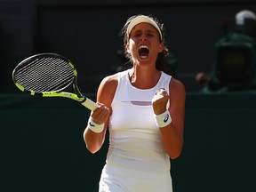 Johanna Konta celebrates her win over Donna Vekic at Wimbledon on July 5.