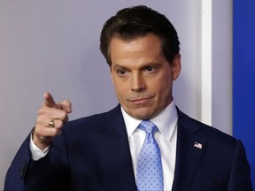 Anthony Scaramucci, incoming White House communications director, points as he arrives during a press briefing at the White House, Friday, July 21, 2017, in Washington.