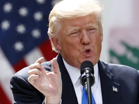 President Donald Trump speaks about the healthcare vote during a joint news conference with Lebanese Prime Minister Saad Hariri in the Rose Garden of the White House in Washington, Tuesday, July 25, 2017. (AP Photo/Alex Brandon)