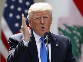 President Donald Trump speaks during a joint news conference with Lebanese Prime Minister Saad Hariri in the Rose Garden of the White House in Washington, Tuesday, July 25, 2017. (AP Photo/Alex Brandon)