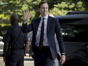 White House senior adviser Jared Kushner waves as he arrives on Capitol Hill in Washington, Monday, July 24, 2017, to meet behind closed doors before the Senate Intelligence Committee on the investigation into possible collusion between Russian officials and the Trump campaign. (AP Photo/Andrew Harnik)