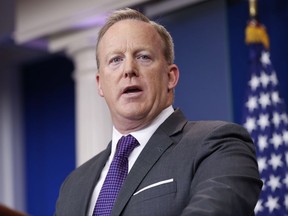 Sean Spicer speaks to members of the media on Monday, July 17, 2017. Spicer has reportedly resigned as White House press secretary.