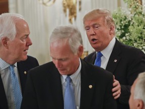 President Donald Trump stops to greet Senate Majority Whip John Cornyn of Texas, left, and Sen. Ron Johnson, R-Wis. at a luncheon with GOP leadership, Wednesday, July 19, 2017, in the State Dining Room of the White House in Washington. (AP Photo/Pablo Martinez Monsivais)