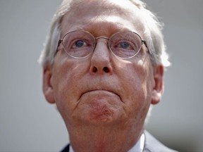 Senate Majority Leader Mitch McConnell of Ky. pauses while speaking to members of the media following a luncheon between GOP Senators and President Donald Trump, Wednesday, July 19, 2017, at the White House in Washington. (AP Photo/Pablo Martinez Monsivais)