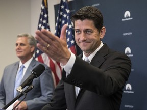 House Speaker Paul Ryan of Wis., joined by House Majority Leader Kevin McCarthy of Calif., meets with reporters during a news conference on Capitol Hill in Washington, Wednesday, July 12, 2017. (AP Photo/J. Scott Applewhite)