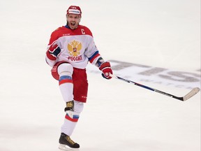 n this Dec. 19, 2015, file photo, Russia's Ilya Kovalchuk celebrates after scoring in a Channel One Cup game against Finland in Moscow.