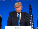 President Donald Trump during a joint news conference with French President Emmanuel Macron at the Elysee Palace in Paris, Thursday, July 13, 2017.