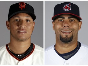 FILE - These 2017 file photos, show San Francisco Giants pitcher Joan Gregorio, left, and Cleveland Indians pitcher Joseph Colon. Gregorio and Colon and have been suspended for the rest of the season under Major League Baseball's drug program following positive tests for performance-enhancing substances, the league announced Saturday, July 1, 2017. (AP Photo/File)