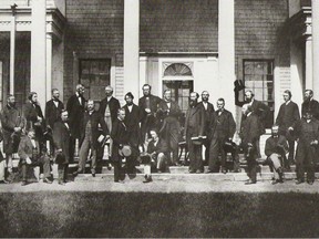 Fathers of Confederation at the Charlottetown Conference of 1864, showing Canada's future first Prime Minister John A. Macdonald, seated centre front.