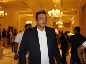 Indian cricket team coach Ravi Shastri arrives at the team hotel in Colombo, Sri Lanka, Wednesday, July 19, 2017.  India and Sri Lanka are scheduled to play three test matches, followed by five one-day internationals and one Twenty20 match in the series that begins on July 26. (AP Photo/Eranga Jayawardena)