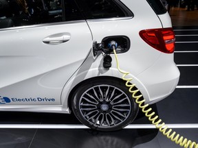 An electric car is displayed at the stand of German carmaker Mercedes on March 3, 2015 during the press day of the Geneva Car Show in Geneva.