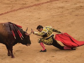 Spanish bullfighting El Fandi, challenges a Fuente Ymbro's fighting bull during a bullfighting at the San Fermin Festival, in Pamplona, northern Spain, Monday, July 10, 2017. (AP Photo/Alvaro Barrientos)