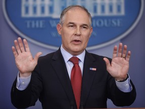 FILE - In this June 2, 2017, file photo, EPA Administrator Scott Pruitt speaks to the media during the daily briefing in the Brady Press Briefing Room of the White House in Washington. A federal appeals court in Washington says Pruitt overstepped his authority in trying to delay implementation of a 2016 rule requiring oil and gas companies to monitor and reduce methane leaks. In a split decision, the three-judge panel from the U.S. Court of Appeals for the District of Columbia Circuit ruled Monday, July 3, that EPA must move forward with the Obama-era requirement that aims to reduce the planet-warming emissions from oil and gas operations. Pruitt announced in April that he would delay by 90 days the deadline for oil and gas companies to follow the new rule, which they were required to comply with starting last month. (AP Photo/Pablo Martinez Monsivais, File)