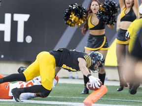 Hamilton Tiger-Cats wide receiver Luke Tasker tries, but fails, to sneak the ball over the goal line against the B.C. Lions on July 15.